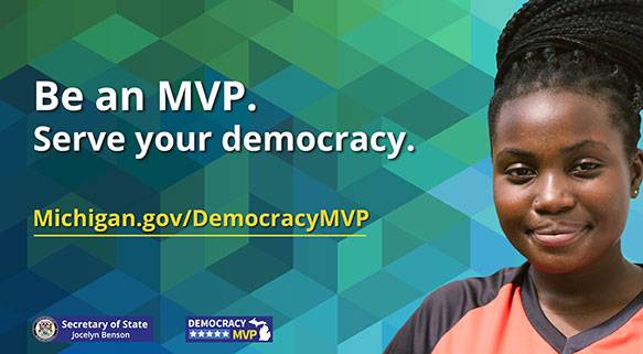 Image of a poll worker that reads: Be an MVP. Serve your democracy.